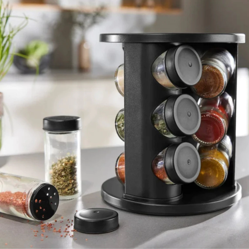 Porta Temperos Giratório 6 ou 9 Potes de Vidro 90g com Tampa Dosadora