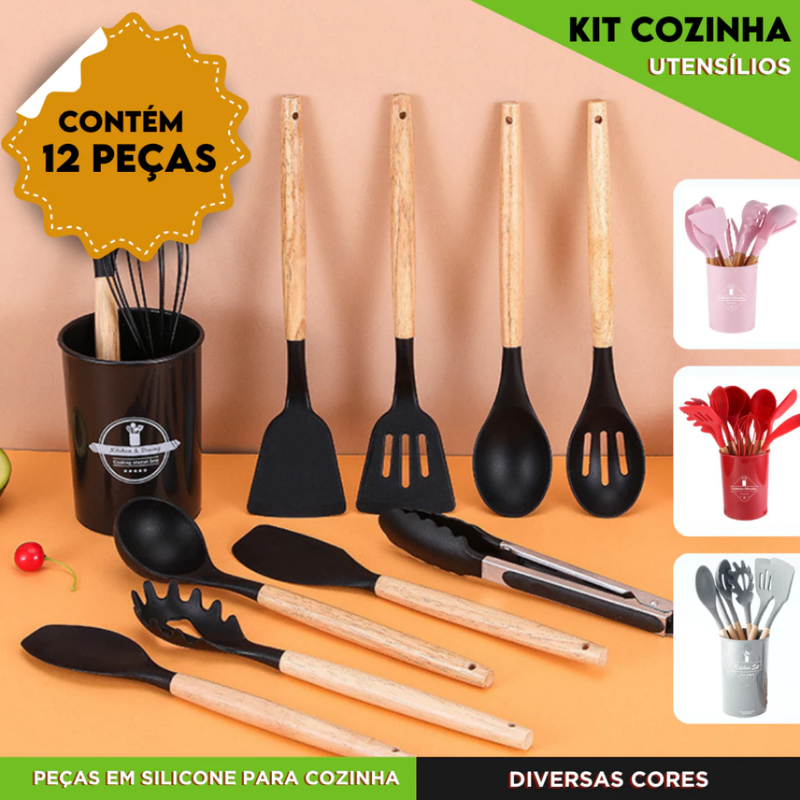 Kit Utensílios de Cozinha em Silicone com Cabo de Madeira — 5 ou 12 Peças