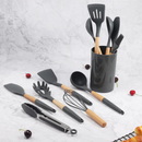 Kit Utensílios de Cozinha em Silicone com Cabo de Madeira — 5 ou 12 Peças