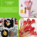 Kit Utensílios de Cozinha em Silicone com Cabo de Madeira — 5 ou 12 Peças